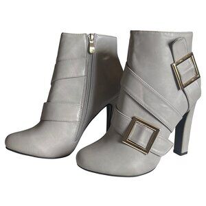 MACHI Vera High-Heel Ankle Boot Cross-Strap Gold Tone Buckle Accent Side Zipper